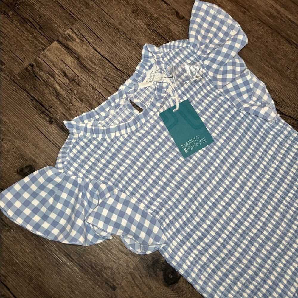 NWT Market & Spruce Light Blue & White Gingham Short Sleeve Smocked Blouse Small - Picture 5 of 12